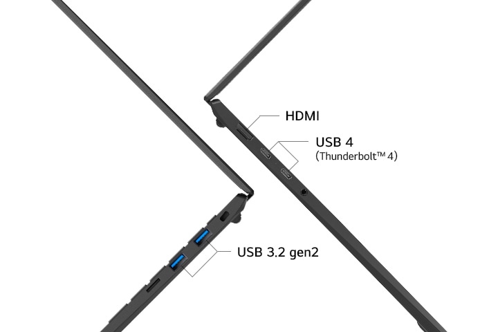 畫面突顯筆記型電腦側面的各種連接埠，包括 HDMI、USB 4（Thunderbolt™ 4） 以及 USB 3.2 Gen2。展示筆記型電腦多樣化的連接選項。