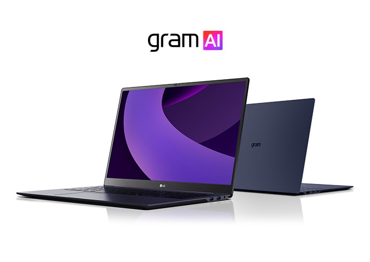 畫面顯示筆記型電腦的螢幕開啟並向左傾斜，電腦後方可見品牌標誌。畫面中有一個紫色圓柱形圖像穿過螢幕，筆記型電腦上方顯示著「gram AI」標誌。