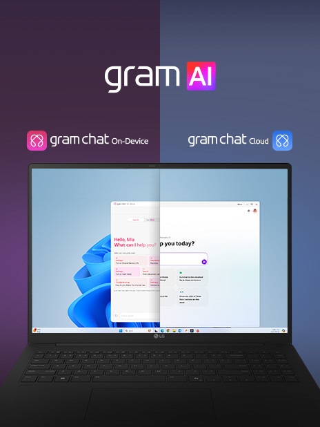 一個人舒適地坐在現代風格的椅子上，帶著微笑在 LG gram 上完成工作。畫面上一直顯示著「gram AI」標誌。