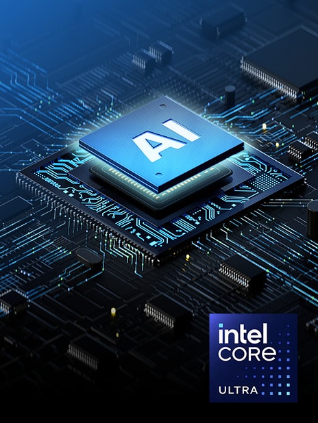 AI 處理器在電路板上搶眼地顯示，代表進階的技術和效能。畫面右下角顯示著 Intel Core Ultra 標誌，強調先進的 AI 處理功能。