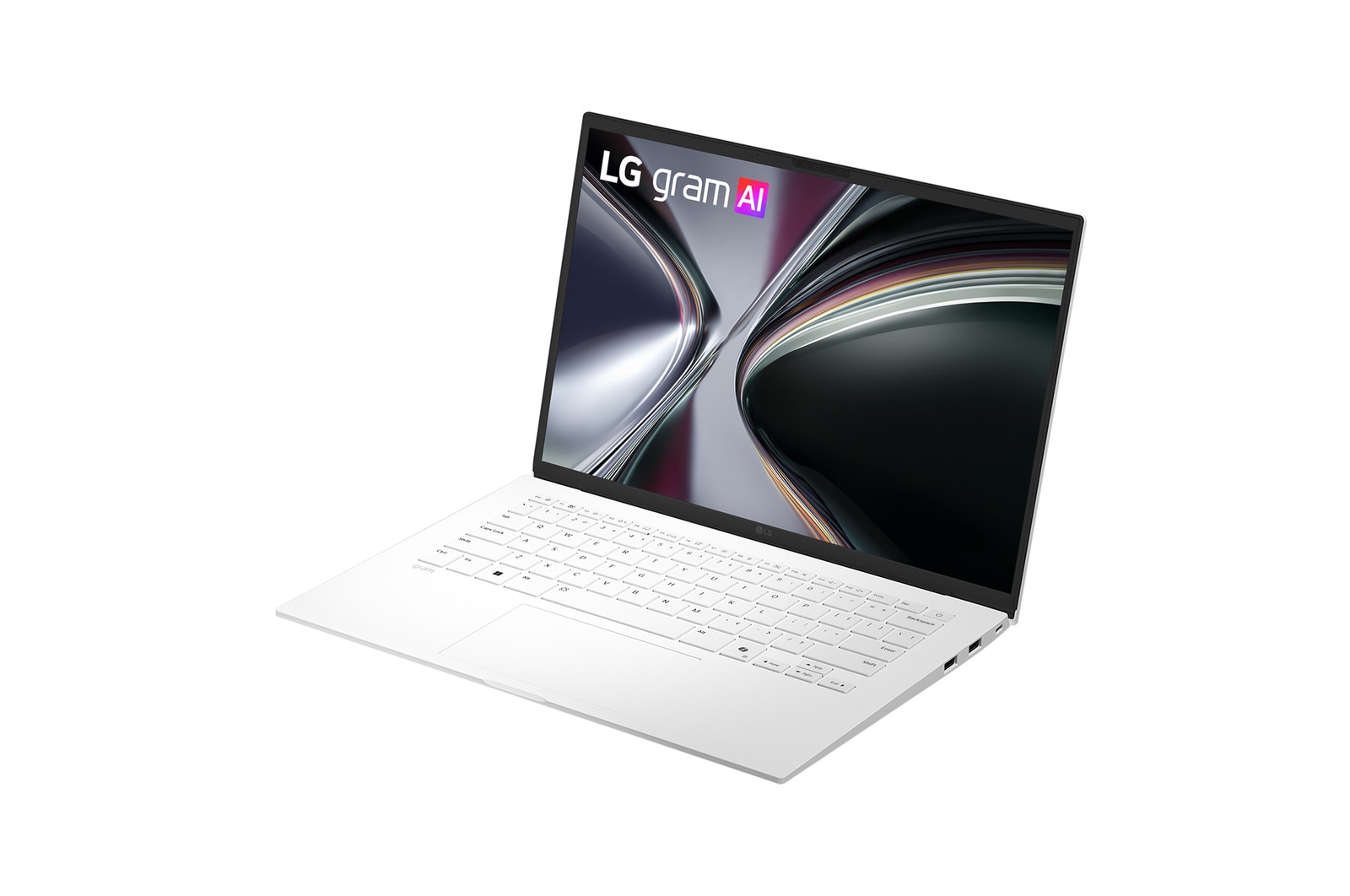 圖片呈現 LG gram 筆電前視圖，螢幕顯示分割畫面介面，分別呈現 On-Device AI 與 Cloud AI 功能。畫面中筆電左右兩側分別顯示 gram chat Cloud 圖示，強調系統配備雙 AI 協同運作。