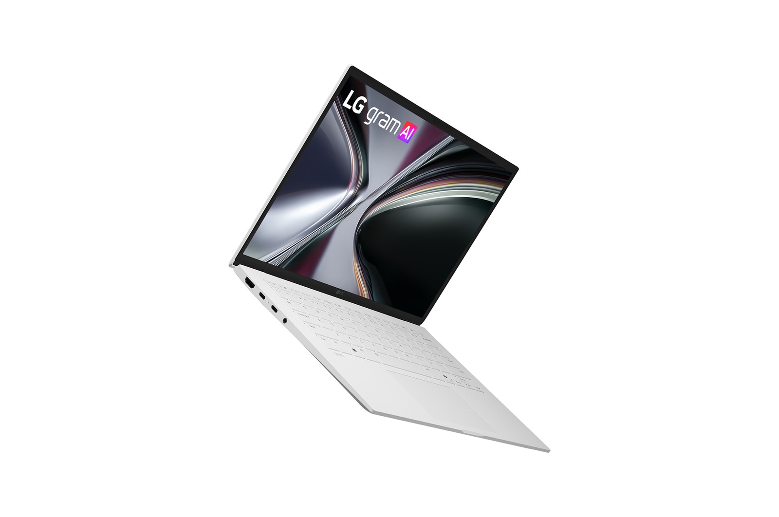 畫面呈現 LG gram 筆電的俯視圖，周圍環繞圓形聲波圖形。畫面以視覺化方式呈現沉浸式空間音效，右下角標示 Dolby Atmos 商標。