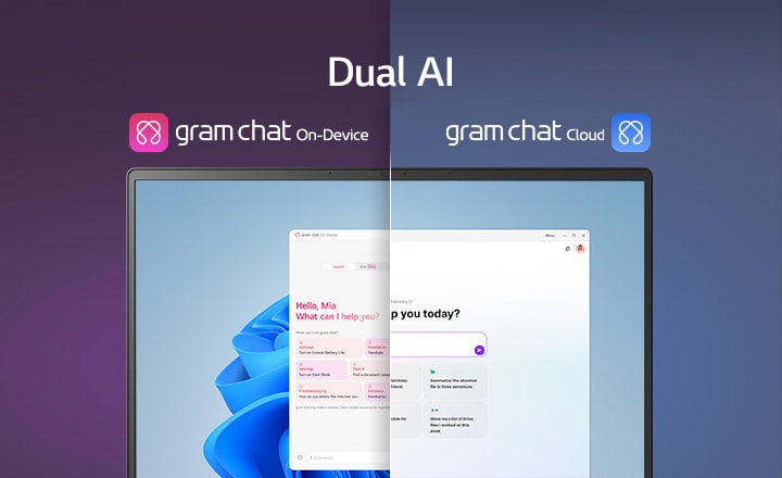 一個分割畫面顯示「Dual AI」的兩種不同模式：左側的「gram chat On-Device」模式以粉紅色圖示表示，右側則以藍色圖示表示的「gram chat Cloud」模式。螢幕顯示著 AI 介面，象徵在兩種模式之間流暢切換的 AI 功能。
