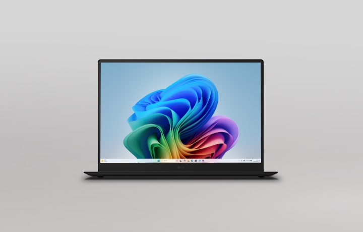 圖片在極簡背景中呈現纖薄的 LG Gram AI 筆電前視圖。