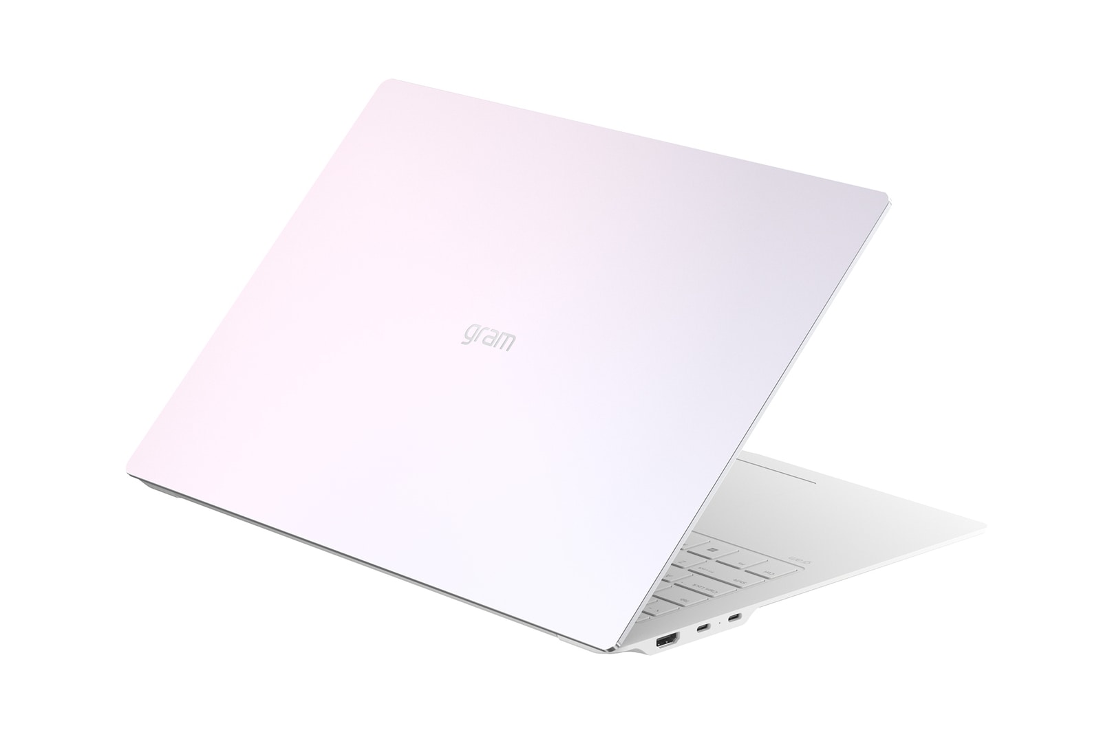 圖片展示浮空的 LG gram Pro AI 筆電，從多個角度展示其纖薄輕巧的機身設計。圖片展示 LG gram AI 筆電主要特色，包括 1,199 g 輕盈機身、12.4 mm 纖薄厚度、Windows 11 Home Copilot+ PC、Intel Core Ultra 處理器、支援 On-Device 與 Cloud AI、採用 16 吋 16:10 3K OLED 面板，以及支援 DCI-P3 100% 廣色域和 30 至 120 Hz 可變更新率。