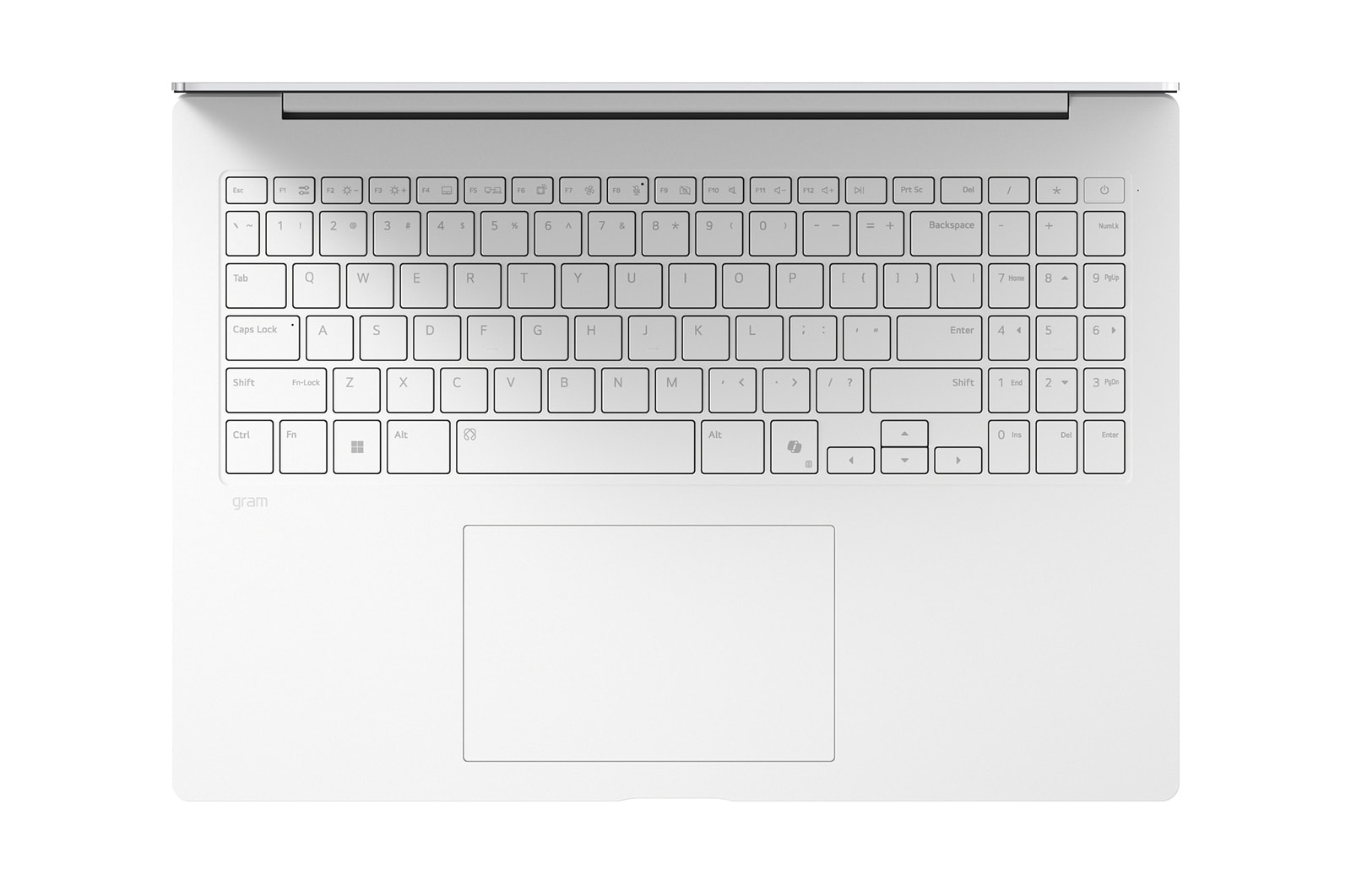 畫面呈現 LG gram Pro 筆電的斜角俯視圖，展現銀色金屬飾面。畫面聚焦於纖薄機身設計與細緻的上蓋飾面，頂部面板中央顯示著 gram 標誌，展現簡約精緻的外觀風格。