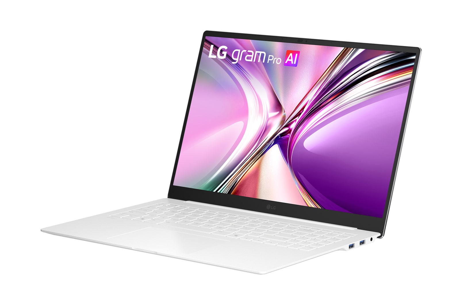 LG gram Pro 筆電前視圖，配備 16 吋 3K OLED 螢幕。裝置上方的圖示代表 OLED 技術、2880 × 1800 解析度和 100% DCI-P3 廣色域。螢幕顯示著鮮明、高對比度的影像，筆電旁邊則顯示 VESA DisplayHDR True Black 1000 認證徽章。