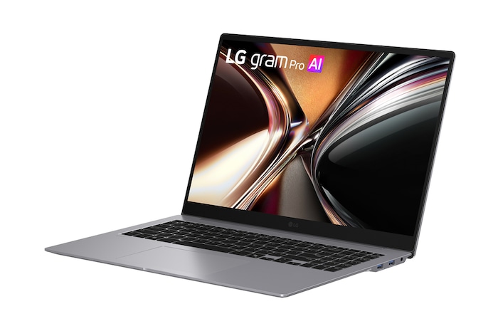 畫面在漸層色彩背景中呈現 LG gram 筆電前視圖，螢幕上顯示色彩鮮明的液體濺射視覺效果，突顯螢幕畫質與生動色彩表現。螢幕上方的圖示標示主要規格，包括 16 吋 IPS 螢幕、178° 廣角、DCI-P3 99% (Typ.) 廣色域，以及 1500:1 (Typ.) 對比度。畫面右側顯示 VESA DisplayHDR True Black 1000 認證徽章，突顯高對比與豐富色彩表現。