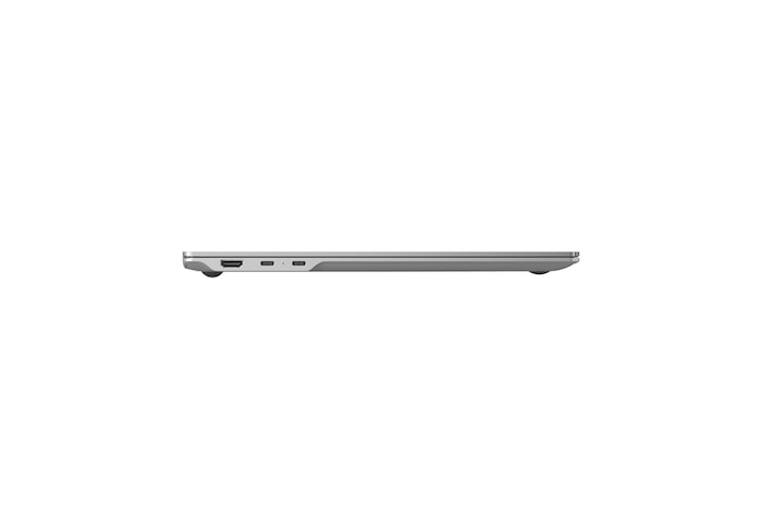 畫面呈現 LG gram Pro 筆電側視圖，展示各種連接埠。圖片標示 USB 3.2 連接埠、HP/MIC 插孔、HDMI 連接埠以及支援 Thunderbolt 4 的 USB 4 Type-C 連接埠，呈現裝置的有線連接選項。
