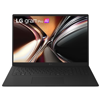 圖片在漸層色彩背景中呈現 LG gram 筆電前視圖，螢幕上顯示色彩鮮明的液體濺射視覺效果，突顯螢幕畫質與生動色彩表現。螢幕上方的圖示標示主要規格，包括 17 吋 IPS 螢幕、178° 廣角、DCI-P3 99% (Typ.) 廣色域，以及 1200:1 (Typ.) 對比度。畫面右側顯示 VESA DisplayHDR True Black 1000 認證徽章，突顯高對比與豐富色彩表現。