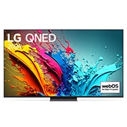LG QNED 電視 QNED86 的前視圖，螢幕上有一段文字，展示着 LG QNED、2024 和 webOS Re:New Program 的標誌。