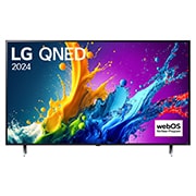 LG QNED 電視 QNED80 的前視圖，螢幕上有一段文字，展示着 LG QNED、2024 和 webOS Re:New Program 的標誌。