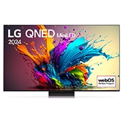 LG QNED 電視 QNED91 的前視圖，螢幕上有一段文字，展示着 LG QNED MiniLED、2024 和 webOS Re:New Program 的標誌。