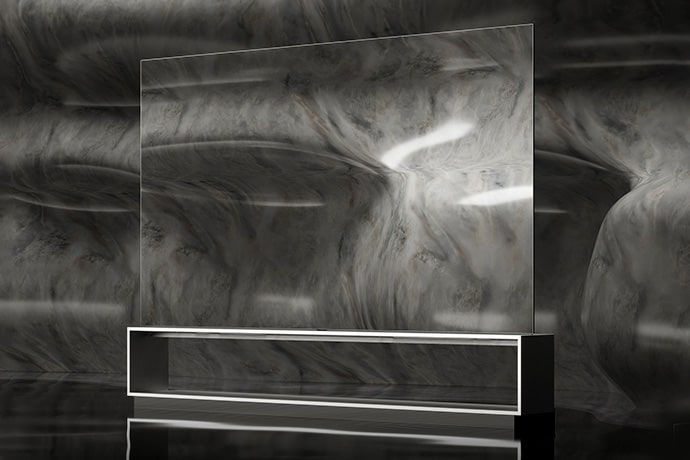 LG SIGNATURE OLED 8K 放置在灰色大理石地板上