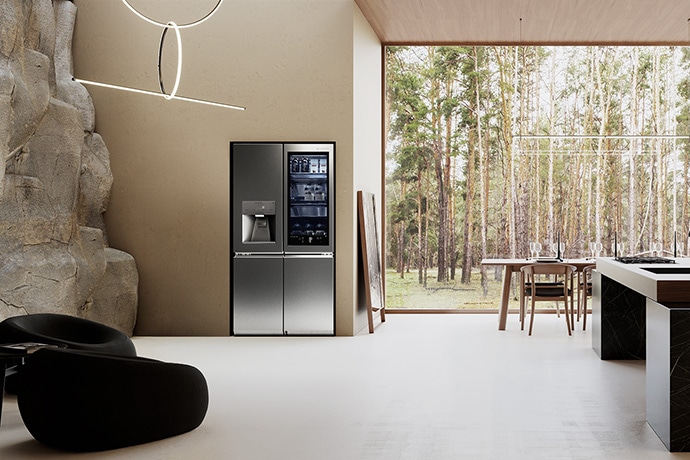 LG SIGNATURE 冰箱和 B＆B Italia 的bull table 在大自然風格廚房中毫無違和