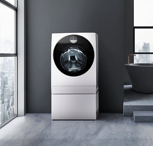 lg_signature_washingmachine屏幕旁邊會顯示lg_signature_washingmachine，該窗口可在黑暗的洗衣房中欣賞城市景觀。