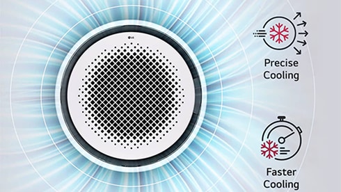 LG Round Cassette 從中央送出冷風，實現全方位360度氣流覆蓋。