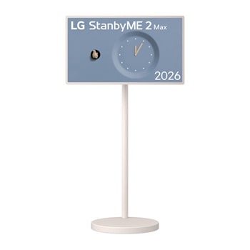 LG StanbyME 2 Max LX6 Movable Screen shown in front and side views features a 32-inch display measuring 724 mm by 421 mm. The total height including the screen is 1108–1308 mm when the screen is horizontal and 1261–1461 mm when the screen is vertical, with a 916 mm stand height.