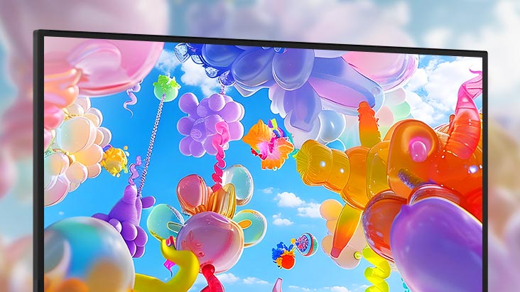 螢幕顯示著各種顏色，代表 sRGB 99% (Typ.) 廣色域。	