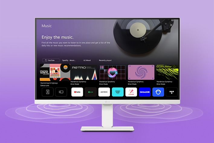 LG Smart Monitor 螢幕顯示著音樂應用程式介面。