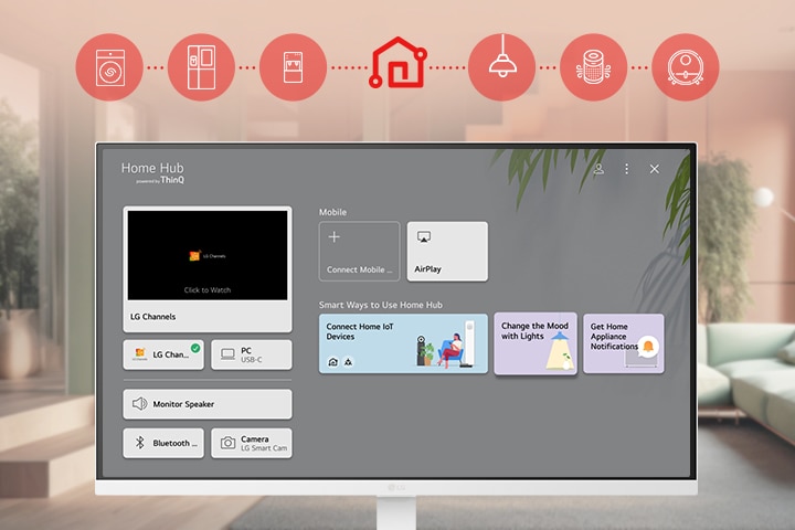LG Smart Monitor 螢幕顯示著 ThinQ 主儀表板介面。