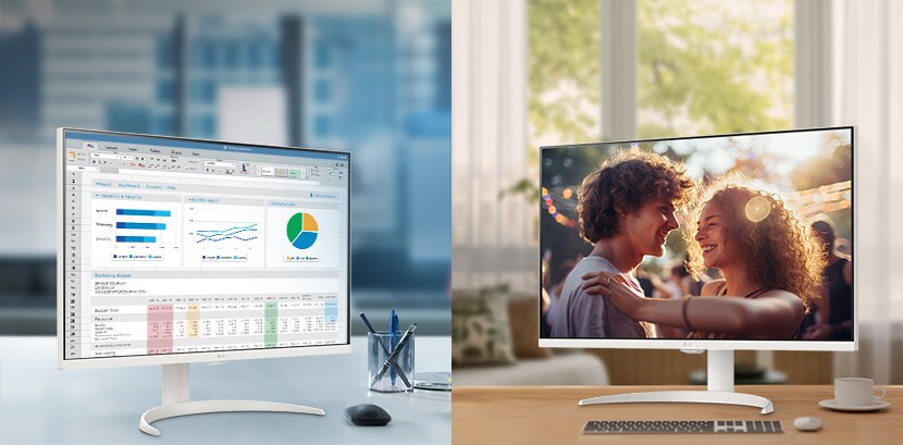 圖片展示放在辦公室和家中的 LG Smart Monitors。	