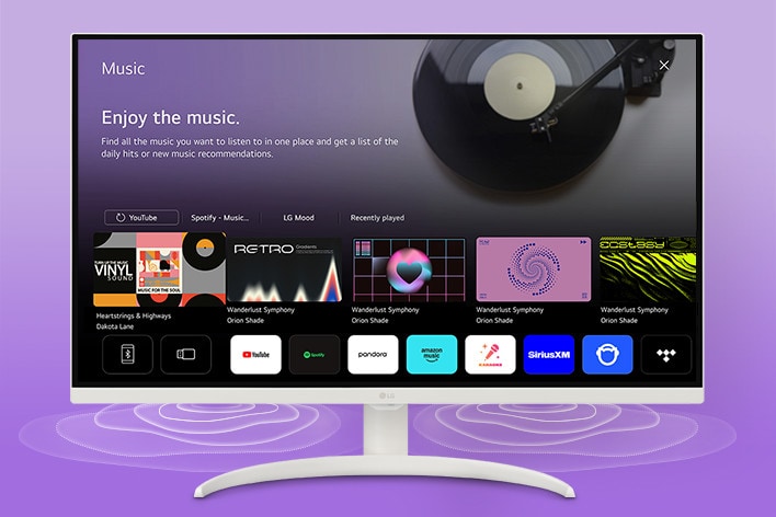 LG Smart Monitor 螢幕顯示著音樂應用程式介面。	