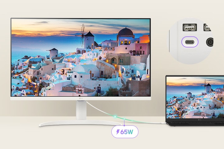 一台筆記型電腦透過 USB-C 連接到 LG Smart Monitor，既在進行充電，也同步顯示相同的畫面。	