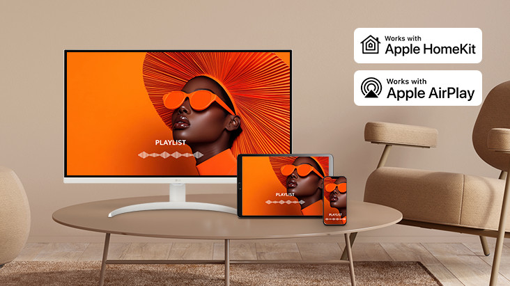 透過 AirPlay 2 和屏幕共享功能，LG Smart Monitor、筆記型電腦、平板電腦與智慧型手機正在共享相同的畫面。	