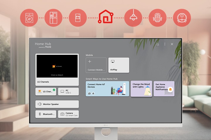 LG Smart Monitor 螢幕顯示著 ThinQ 主儀表板介面。