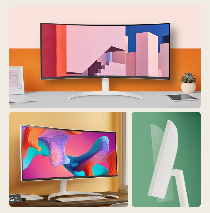 一台帶纖薄邊框的顯示器,以 -5 度角顯示畫面,呈現展示傾斜度的側視圖以及時尚的前視圖。