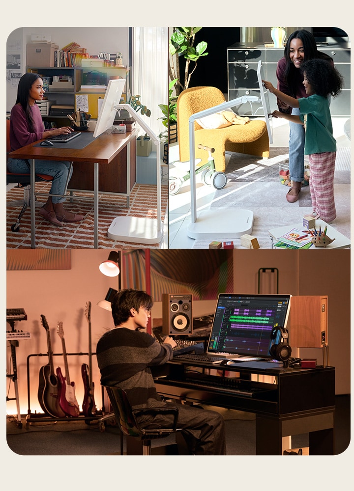 圖片顯示一位女性在書桌前使用搭配白色支架的 LG Smart Monitor 工作、一位男性使用以支架安裝的雙顯示器剪輯音訊，以及一位女性在客廳與孩子玩耍，旁邊是 LG Smart Monitor 支架。