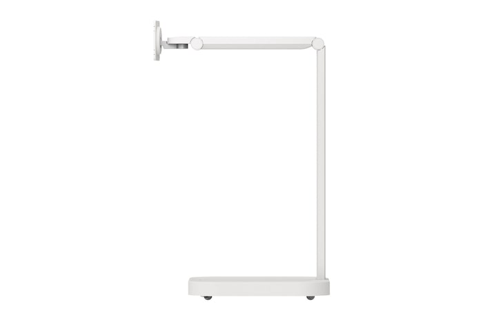 顯示器支架臂側視圖,處於降低狀態。