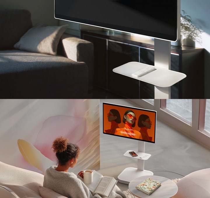 多個家居場景展現 LG Smart Monitor Swing 搭配 Swing Stand 與 Swing Stand Plate 的使用情境,包括底板上遙控器的特寫畫面,以及一名女子透過手機鏡像將音樂串流至顯示器,並一邊閱讀放鬆。
