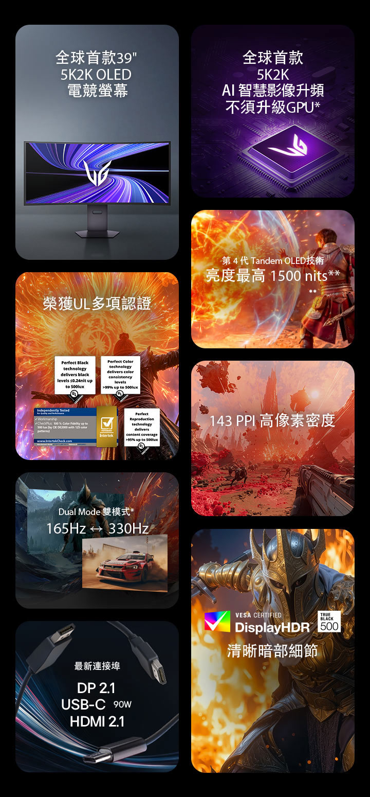 UltraGear 39 吋 5K2K Tandem OLED 電競螢幕（39GX950B），搭載 AI 影像升頻、極致純黑、143 PPI、WFHD 330Hz、HDR 500