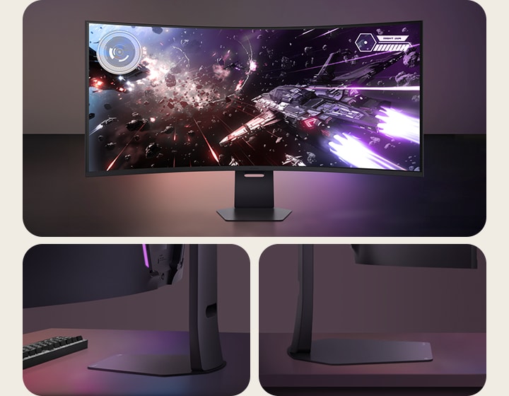 書桌上一台 LG UltraGear 專業電競螢幕的前視圖、後視圖和側視圖,展示其曲面設計和時尚外觀。