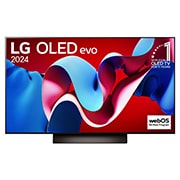 LG OLED evo 電視的前視圖，OLED C4、11 年全球第一 OLED 標誌，以及 webOS Re:New 程式標誌在螢幕上