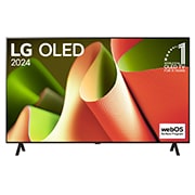 LG OLED TV，OLED B4 的前視圖、11 年全球第一 OLED 標誌，以及 webOS Re:New 程式標誌在 2 桿支架的螢幕上。