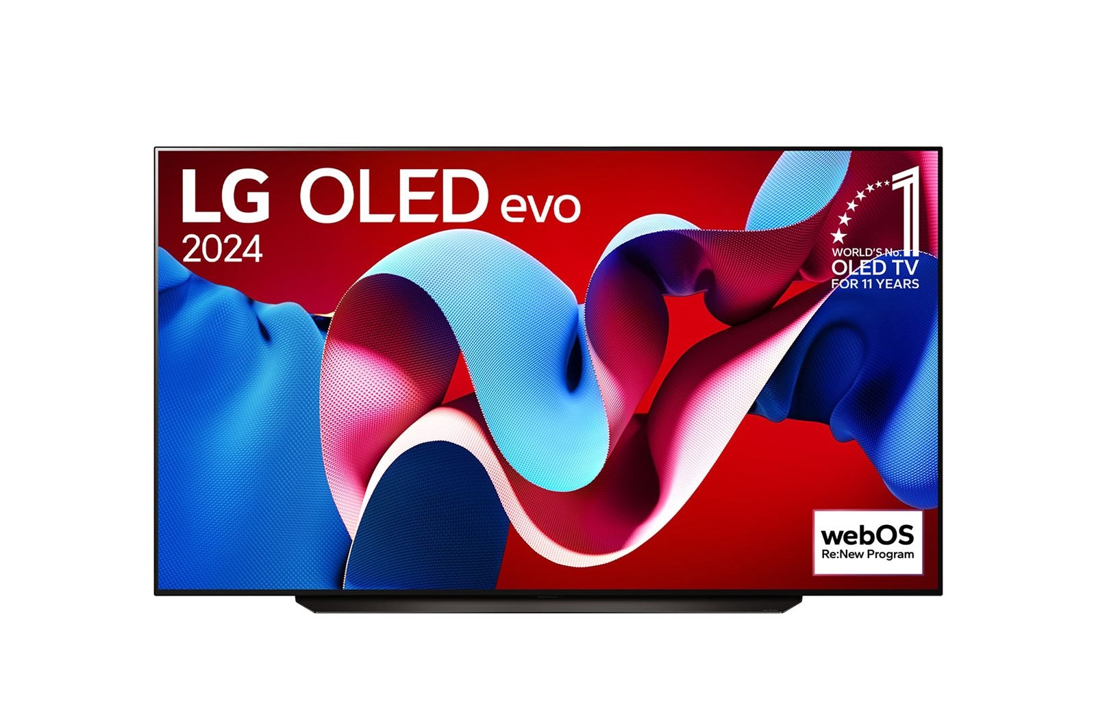 LG OLED evo 電視的前視圖，OLED C4、11 年全球第一 OLED 標誌，以及 webOS Re:New 程式標誌在螢幕上