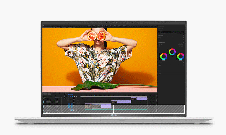 動畫顯示，16:9 的筆記型電腦顯示螢幕底部變寬為 16:10 的長寬比，讓使用者可以看到更多的內容。