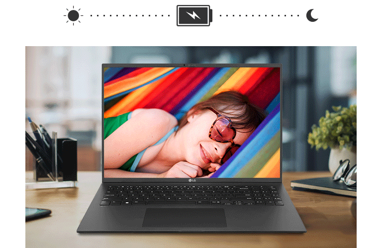 顯示 Gram 從白天到黑夜持續開機的狀態。