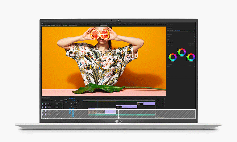 動畫顯示，16:9 的筆記型電腦顯示螢幕底部變寬為 16:10 的長寬比，讓使用者可以看到更多的內容。