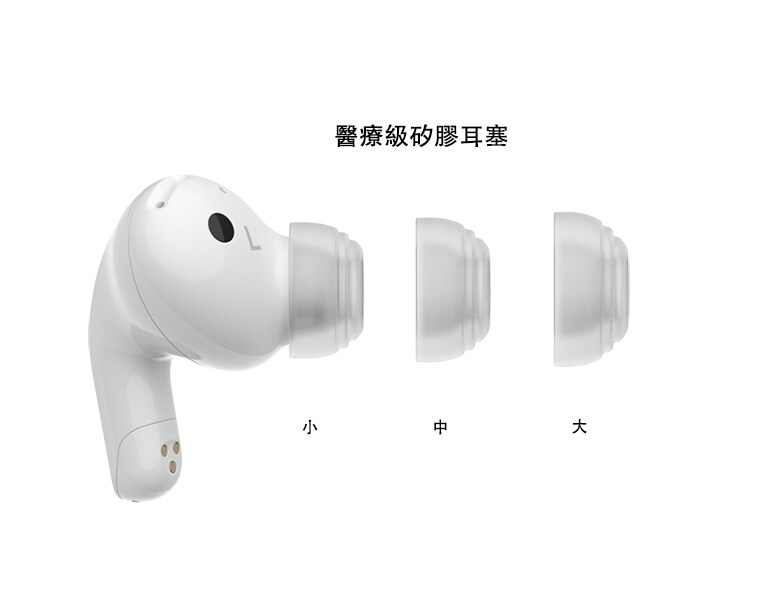 耳機和三種尺寸的耳膠之側視圖。