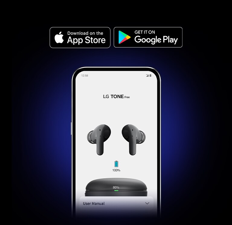 - 桌機圖片替代標籤 兩支手機顯示著 LG TONE Free 應用程式的螢幕,搭配黑色背景。一個螢幕顯示耳機的電池狀態,另一個則顯示連接狀態。右邊有「Made for iPhone」和「Get it on Google Play」的圖示。  - 手機圖片替代標籤 手機顯示著 LG TONE Free 應用程式的電池狀態頁面,搭配黑色背景。上方有「Made for iPhone」和「Get it on Google Play」的圖示。