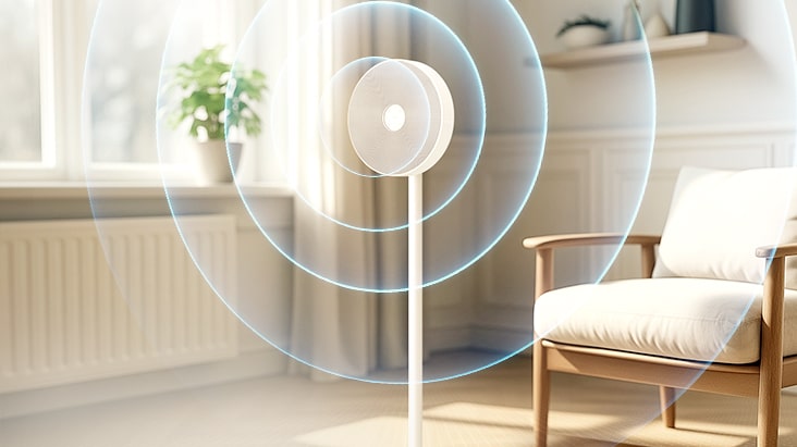 客廳空間中 LG MoodMate 發出環狀聲波示意