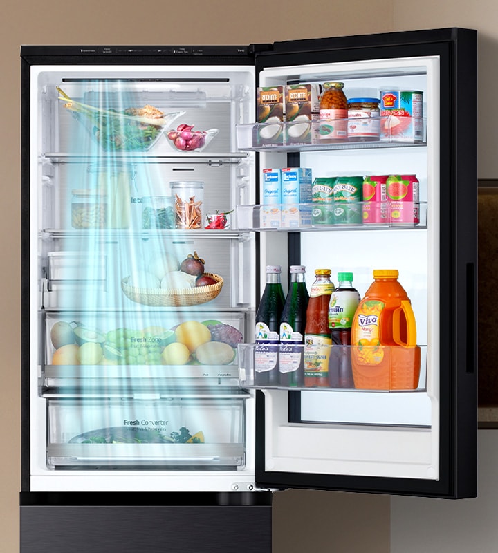 LG 變頻雙門下冷凍冰箱 DoorCooling 四方吹冷流技術 可讓食品和飲料保持穩定的溫度。