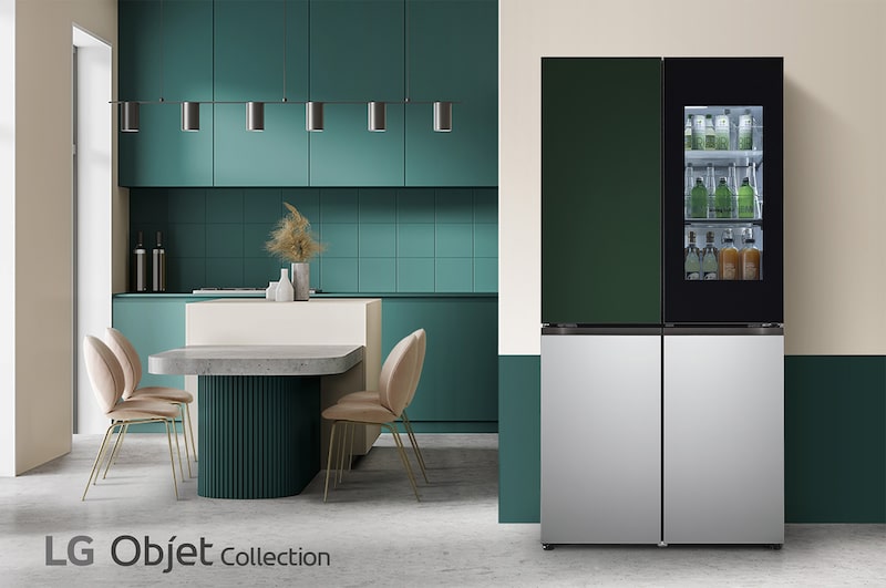 LG 860公升 Objet Collection  InstaView™ 敲敲看冰球四門冰箱｜綠&銀, GR-QLF87GSP