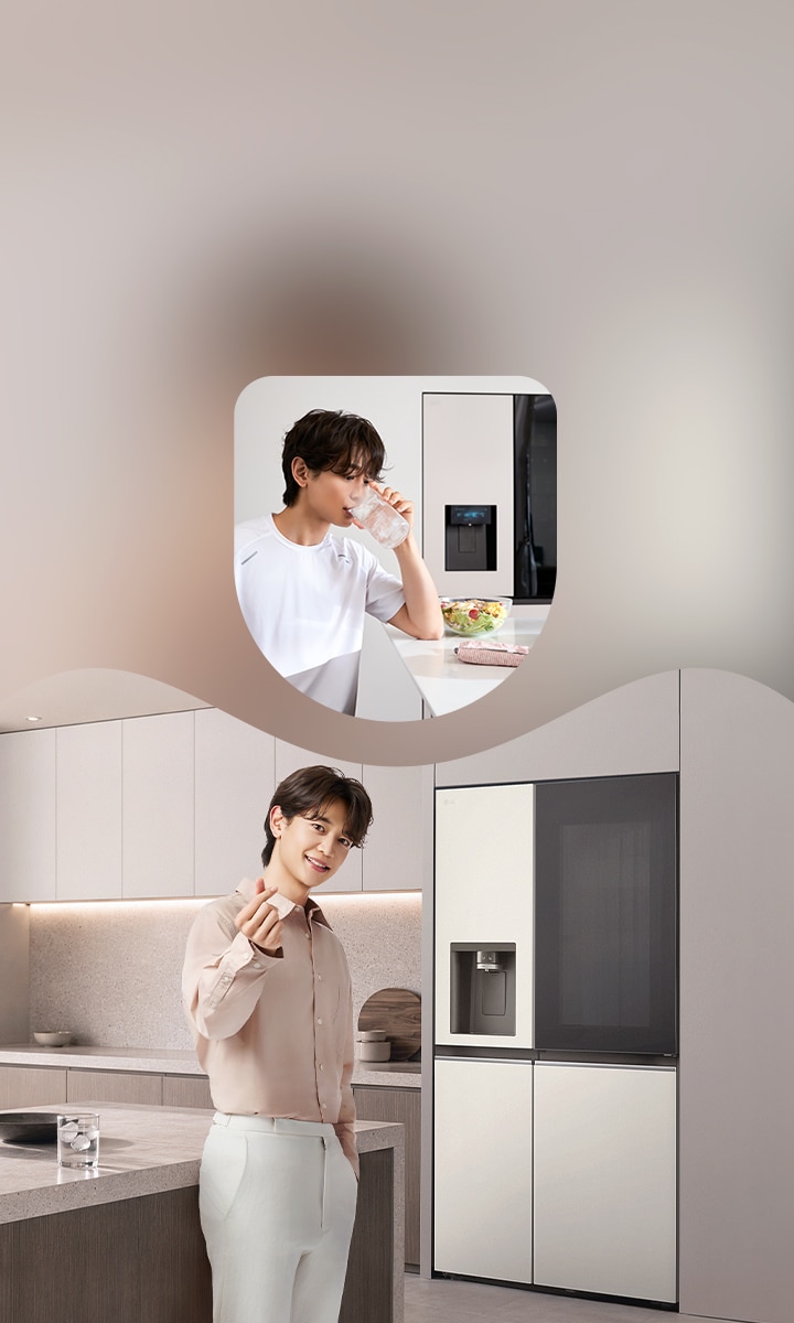 Choi Minho 站在放於現代風格廚房中的 LG 冰箱旁,另有一個小插圖呈現他在餐桌旁喝水。