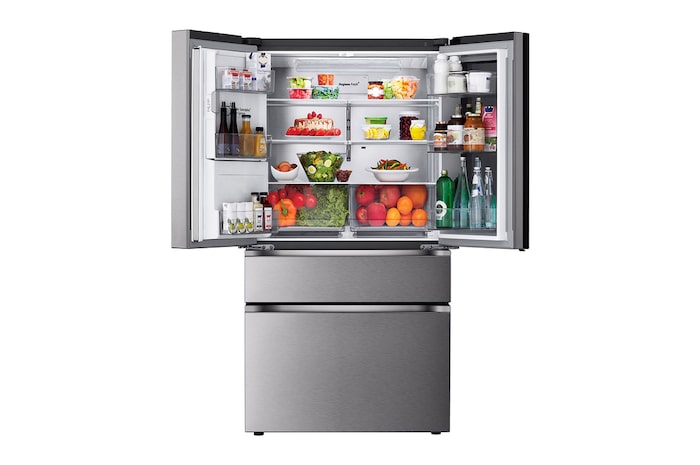 內有食物的多門冰箱正視圖。