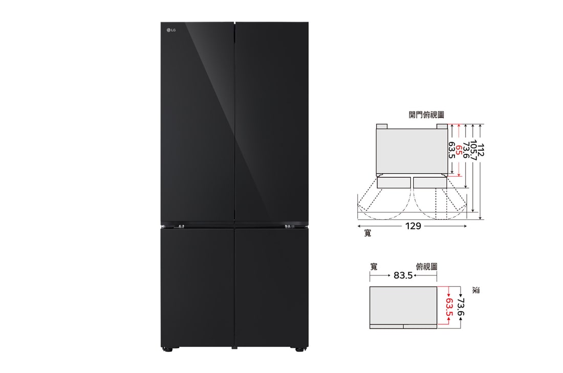 619L 四門冰箱黑色玻璃門型號正視圖，搭載 LinearCooling™ 和 DoorCooling+™ 技術 ({Sales Model Code})